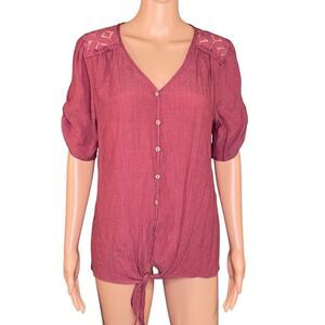 PerSeption Concept Button-Up Blouse Tie Front Womens Size Large Lace Accents